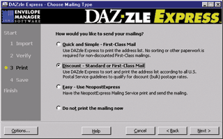 DAZzle Express V3 - Want to get bulk rates and save upto 89% on your postage? DAZzle Express has an easy wizard interface to guide you through it all. You can even buy mailing lists and outsource your mailing online.