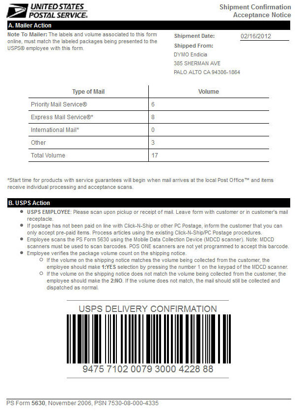 Confirmation Acceptance (SCAN) for packages | Endicia