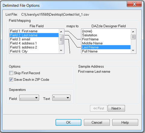 Delimited File Options screenshot